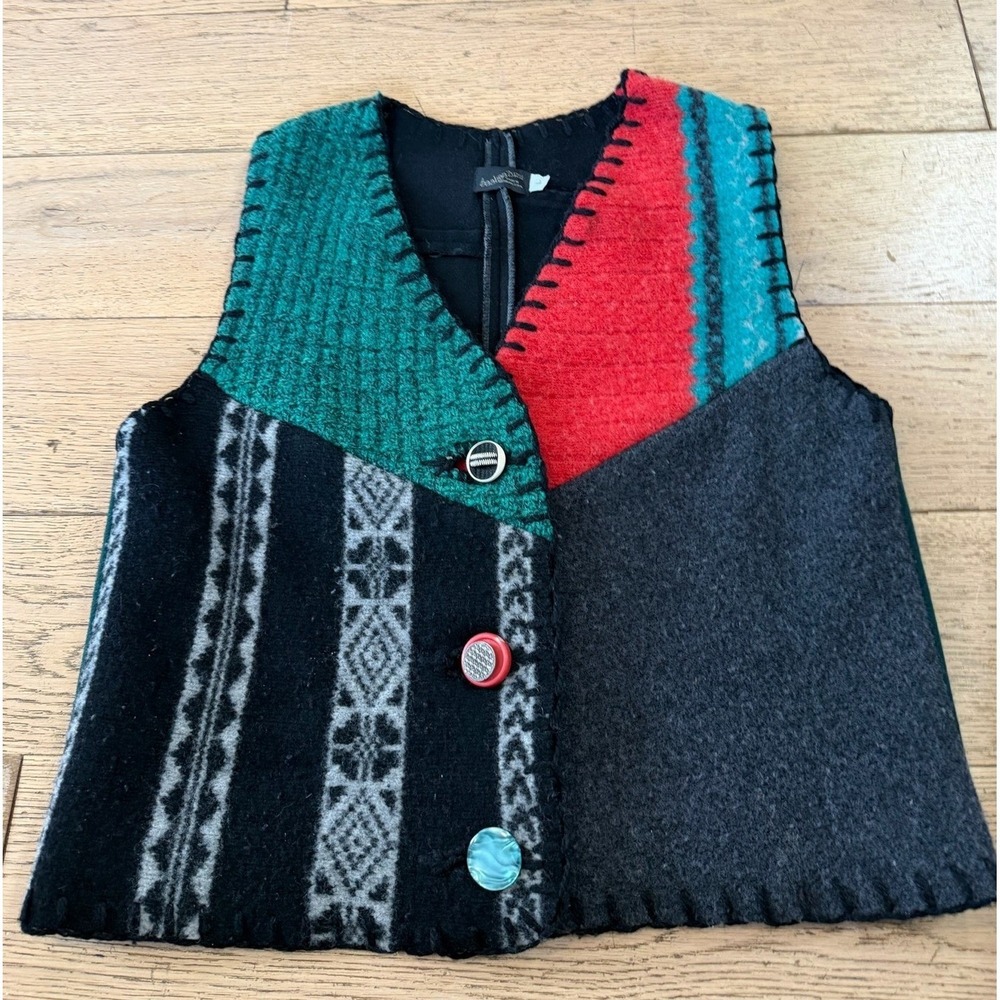Baabaazuzu Vintage Wool Patchwork Vest Boho Upcycled Made in USA Large (1224)